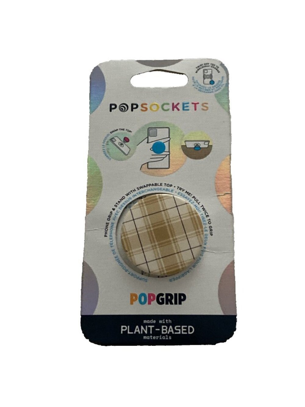 PopSockets PopGrip Plant-Based Plaid Beige White Brown Swappable Grip Stand